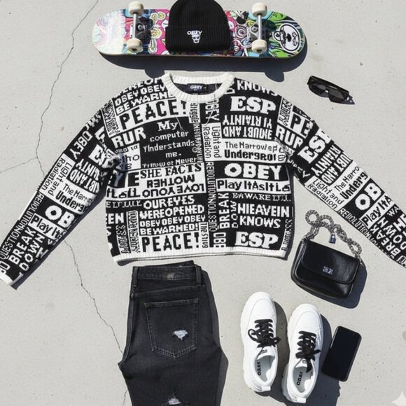 Obey Sweaters - Obey Black & White Newsprint "Peace" Crewneck Sweater